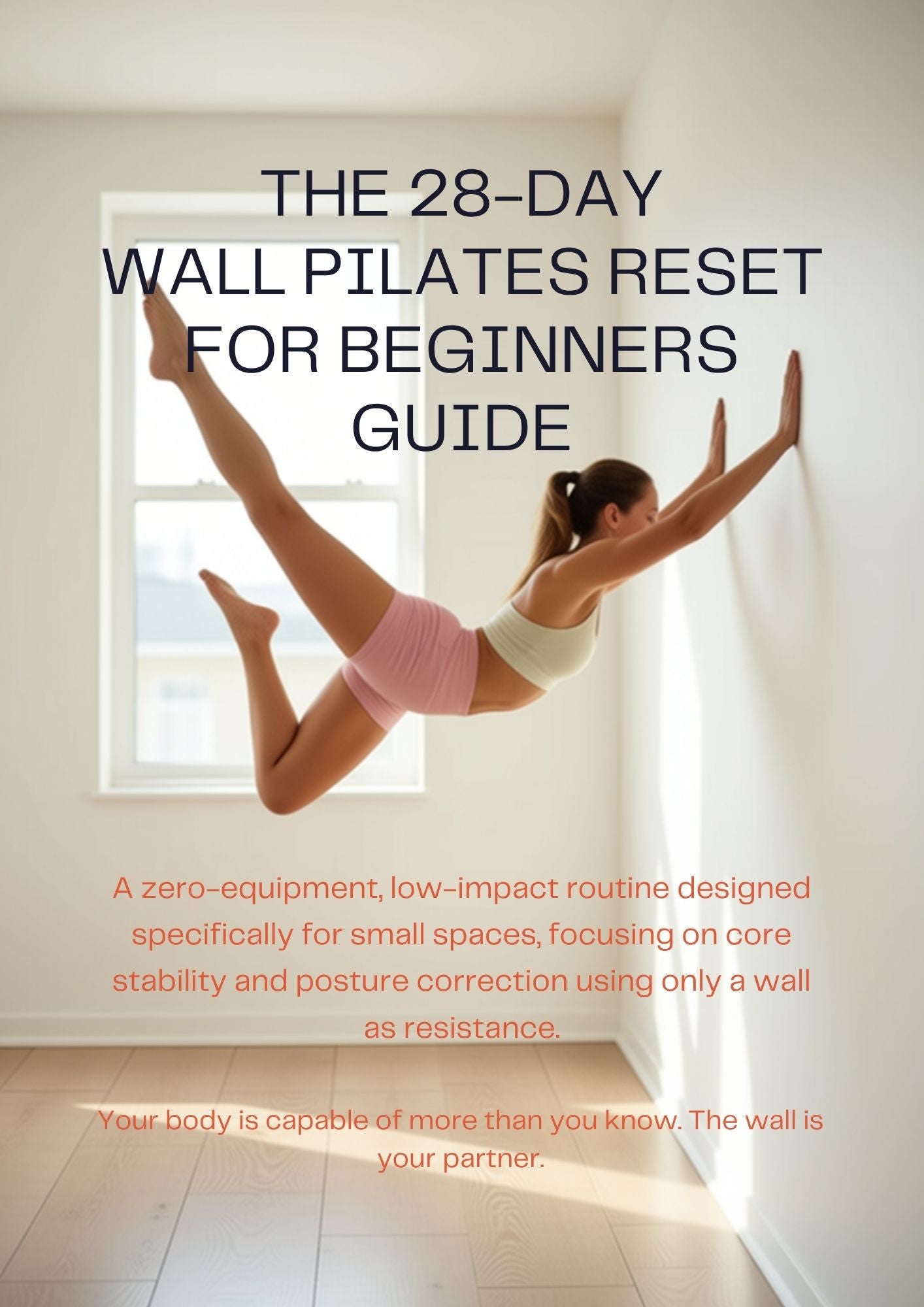 THE 28-DAY WALL PILATES RESET FOR BEGINNERS GUIDE. A zero-equipment, low-impact routine designed specifically for small spaces, focusing on core stability and posture correction using only a wall as resistance.